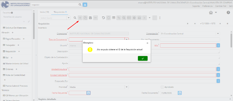 Creación de nuevo registro y alerta emergente de ID
